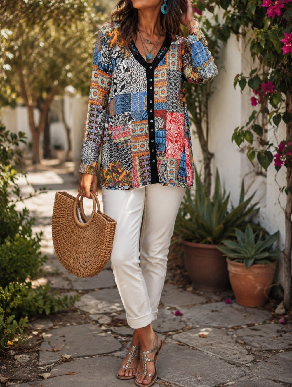Zoe Embellished Multi-Color Patchwork Button-Down Tunic Top Boho Mesh Beaded